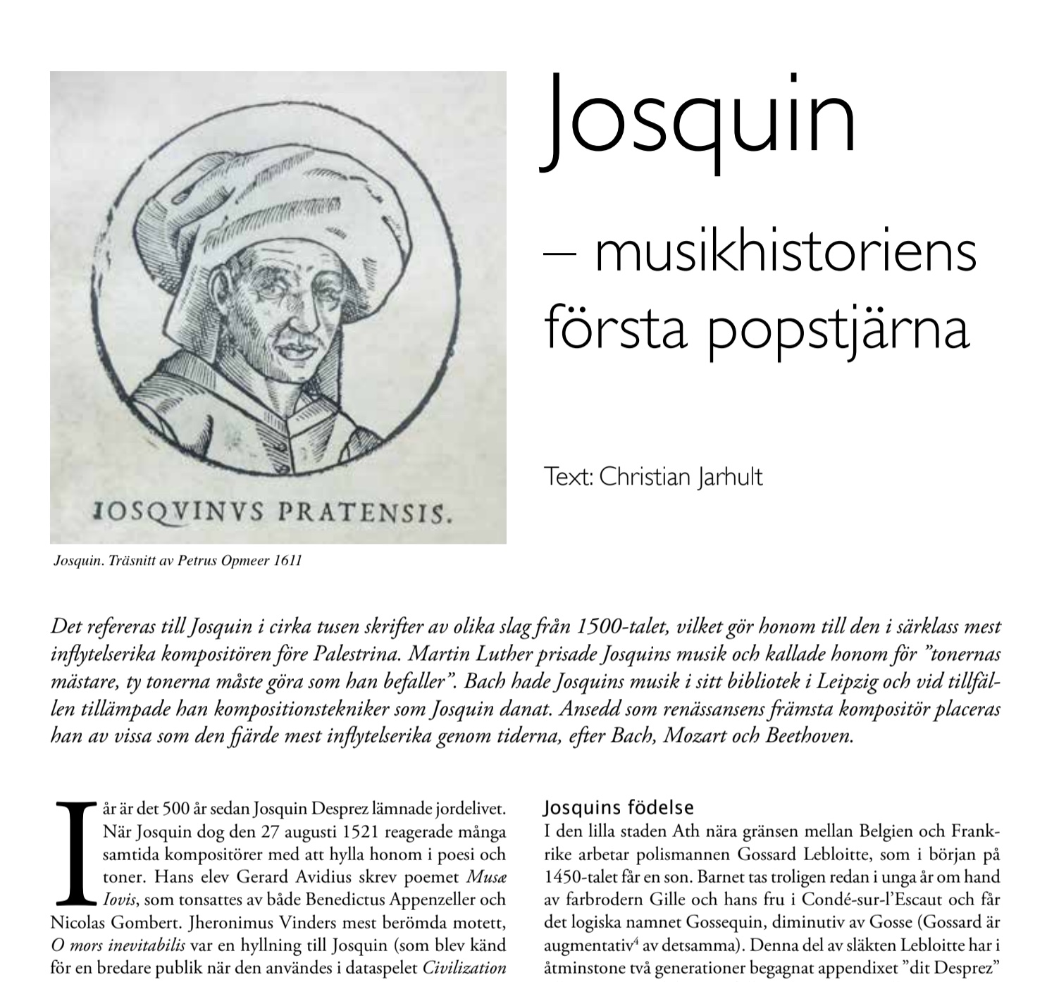 Artikel om Josquin i tidningen Tidig musik